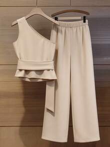 Franclia Elegant Fashionable Summer Asymmetric-Shoulder Metal Waist Belt Top And Loose Straight Leg Pants 2 Pieces Set - Apricot - View 2