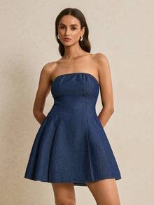 Poéselle Women's Casual Strapless Denim Dress For Summer - Blue - View 3