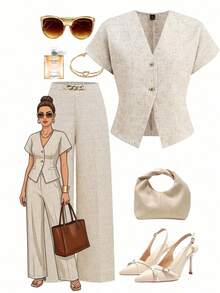 Ellevyn 女士V领短袖杏色休闲衬衫，金属扣装饰，优雅适合日常穿着和通勤，春夏上衣，金属纽扣装饰，短款衬衫，杏色粗花呢，办公穿着，通勤风格。 - 卡其色 - 查看 1