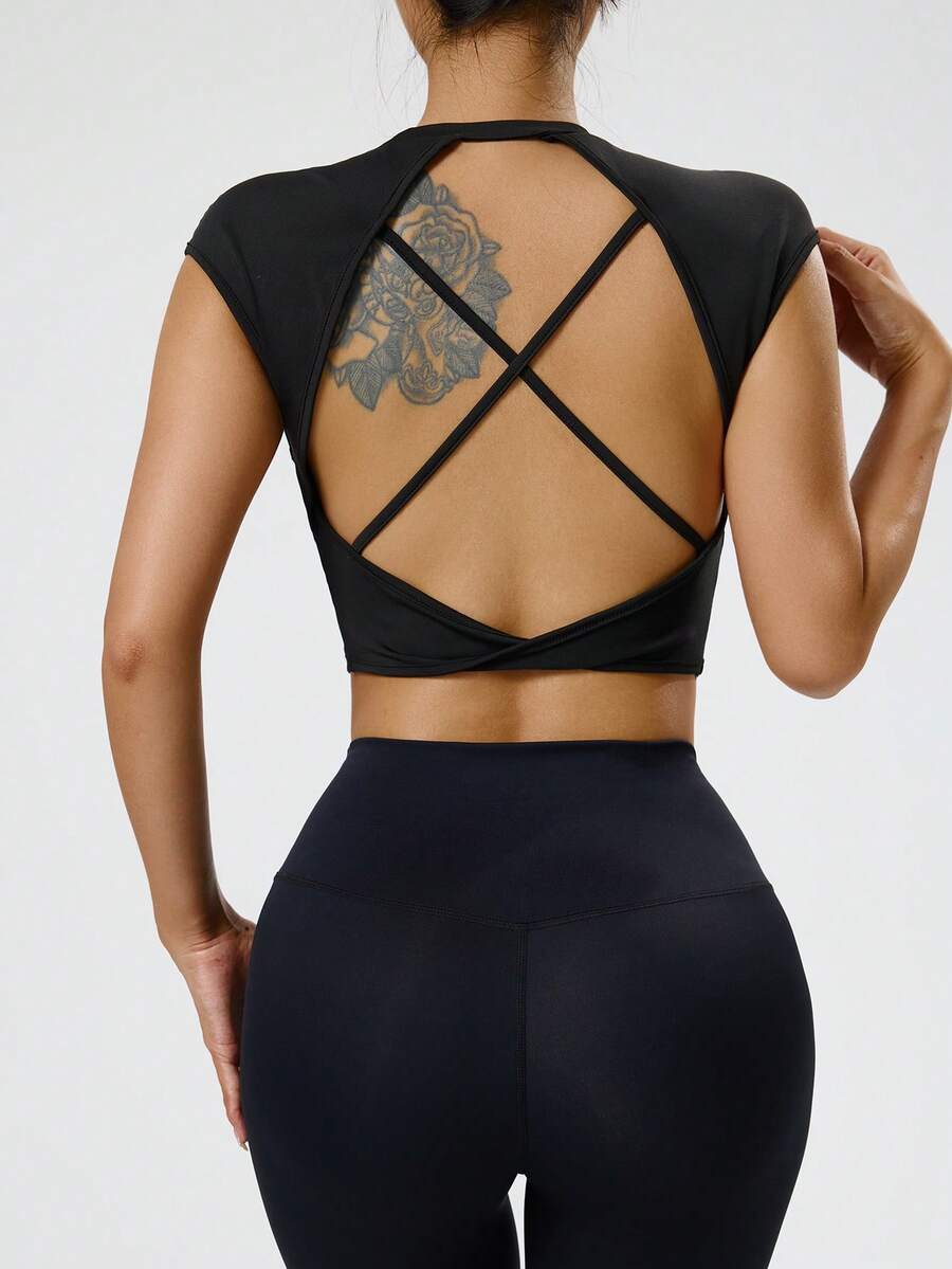 Dewbera Women's Sleeveless Yoga/Outdoor Fitness Backless Criss-Cross Strap Tight T-Shirt - Black - View 1