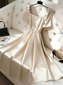 GlowEve CURVE Plus Size Women Elegant Square Neck Ruched Satin Dress,Silk Shimmer Bridal Outfit,Formal Classy White Luxury Dresses,Champagne,Summer,Wedding Guest - Apricot - View 2