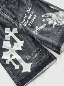 ROMWE MEN Street Life Teen Boy Letter & Cross Graphic Pocket Frayed Hem Casual Denim Shorts - Flint Stone - View 4