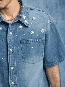 ROMWE MEN Casual Men's Fashion Pearl Embellished Denim Short Sleeve Top - Brown - View 7