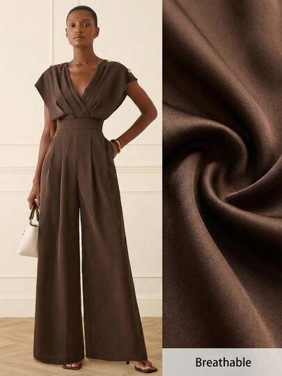 Lilora Tuta elegante da donna con scollo a V, gamba ampia e pieghe