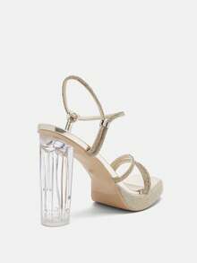 Glitzique Sandalias De Tacón Alto Para Mujer Con Diamantes De Imitación Transparentes, Punta Cuadrada, Plataforma Resistente Al Agua, Tacón Grueso, Correa De Hebilla Ajustable, Zapatos De Fiesta Sexy - Dorado - Ver 6