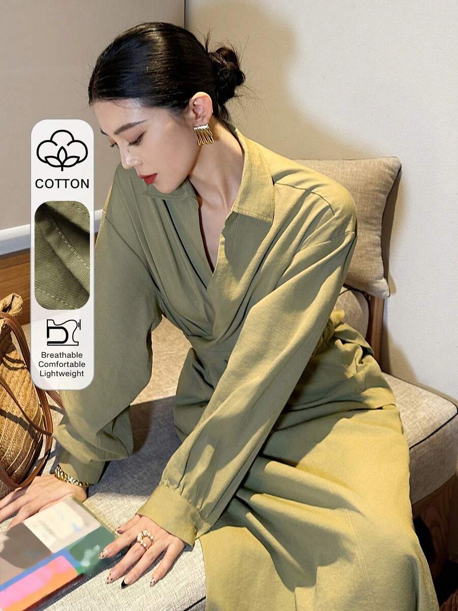 DAZY 女士休闲纯色系带衬衫和半裙两件套，春夏款 - 綠色 - 查看 1