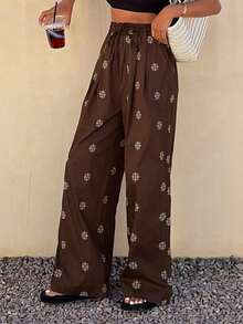 DAZY 女士休闲碎花弹力腰裤，春夏款 - 咖啡棕 - 查看 4