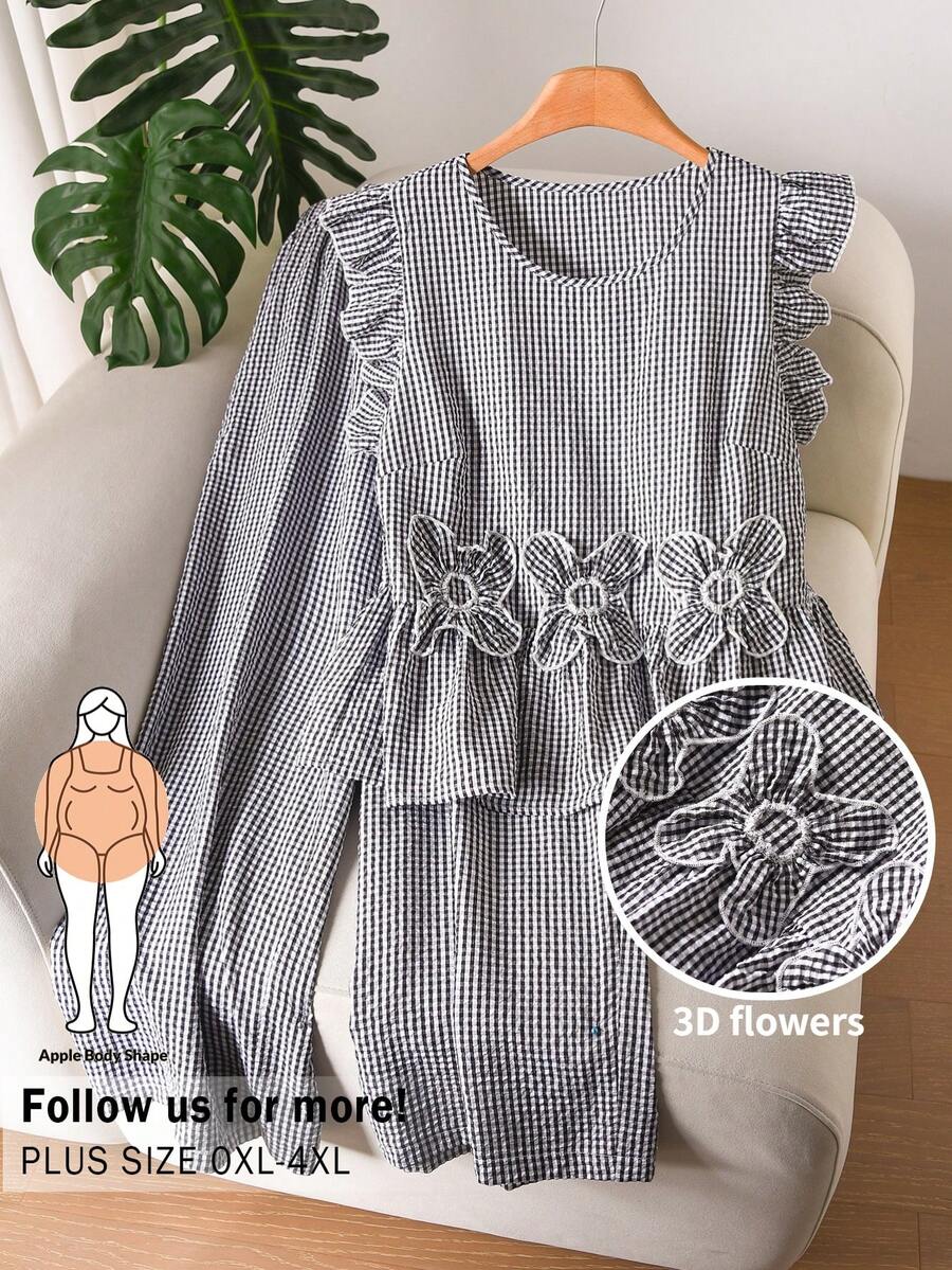 CosyJoli Bộ áo sơ mi tay ngắn kẻ caro họa tiết hoa dành cho nữ cỡ lớn và quần ống rộng, áo kiểu cho bà mẹ mới sinh, áo mới về, áo kiểu bán chạy nhất, áo kiểu cho thanh thiếu niên, bộ quần áo nữ. - Đen và trắng - Xem 1