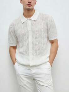 Manfinity Homme Men's Casual Solid Color Hollow-Out Knit Short Sleeve Cardigan, Spring/Summer - Beige - View 5
