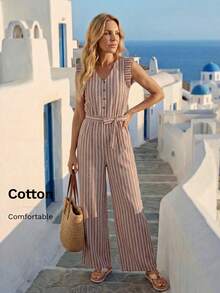 EMERY ROSE Women's V-Neck Cap Sleeve Ruffle Hem Minimalist Design Jumpsuit, Summer - Multicolor - View 3