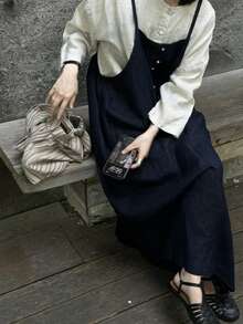 FRIFUL Women's Solid Color Button Decor Casual Denim Cami Dress - Dark Wash - View 2