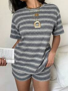SHEIN EZwear 条纹针织休闲女装套装 - 灰色 - 查看 3