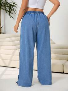 Solflare Plus Size Women Blue Summer Casual Everyday Wide Leg Jeans,Drawstring Elastic Waist Side Button Design Loose Denim Pants,Chic Y2k Streetwear Costume - Blue - View 2
