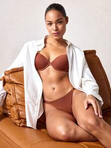 Veilyse Minimalist Solid Color Wire-Bra And Thong Underwear Set - Brown - View 3