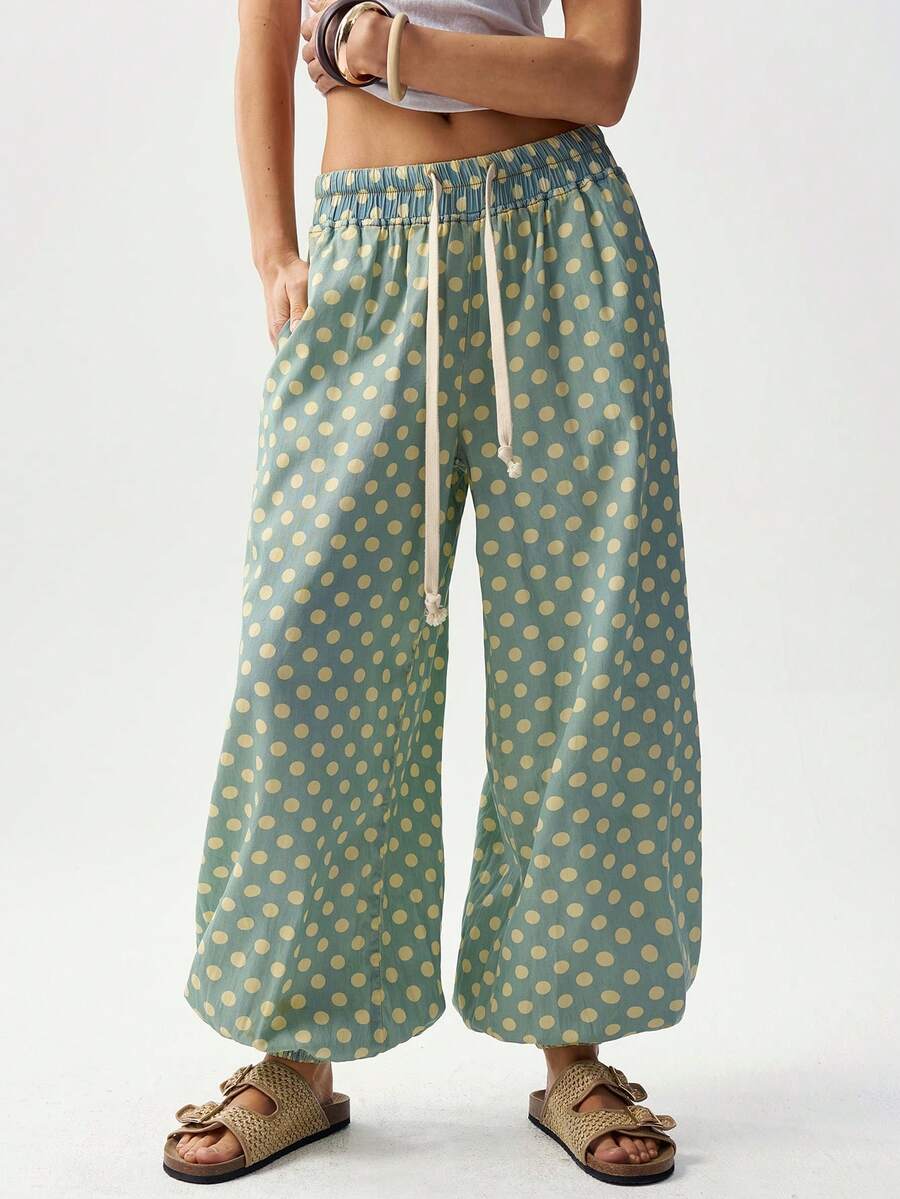 Bohemela 休闲波点图案抽绳宽松女裤 女士夏季裤 泡泡裤 - 水鴨藍 - 查看 1