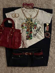 Rovax Loose Fit Cross & Letter Print Round Neck Drop Shoulder Short Sleeve T-Shirt - Multicolor - View 1