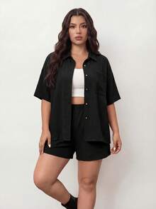 Enliva Plus Solid Drop Shoulder Shirt & Shorts Without Cami Top,Holiday Outfits - Black - View 2