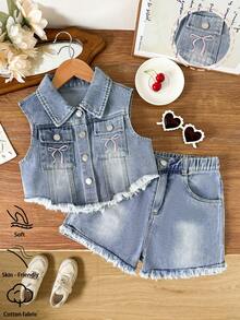 Tween Girl Cute Bow Embroidered Denim Sleeveless Vest And Shorts Set,Light Blue,Summer,Casual,Vacation,Soft Cotton Fabric,Asymmetric Hem,Ripped Cuffed - Medium Wash - View 3