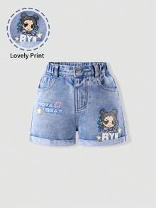 1pc Young Girls Light Teal Summer Denim Shorts,Cartoon Letter Embroidery Elastic Waist Loose Straight Cuffed Jean Shorts For Kids Toddler Girls - Light Wash - View 3