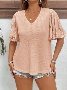 Reflora Plus Size Elegant Waffle Knit Patchwork Ruffle Sleeve T-Shirt - Coral Orange - View 5