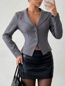 Ritzy Row Elegante chaqueta delgada de mujer de manga larga, ajustada a la cintura, de estilo sirena gris - Gris Oscuro - Ver 6