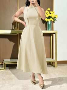 Feyla Women's Solid Color Elegant Waist Cinched Midi Party Office Dress Teachers' Day Beige Summer - Apricot - View 4