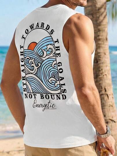 VIVINTIMO 男士休闲波浪图案白色背心，带抽绳和松紧腰设计，适合夏季
