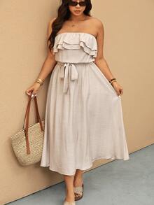 Elaquor Plus Size Women Solid Color Ruffle Hem Minimalist Dress Spring/Summer Casual Vacation Dress For Women Spring Outfit Women, Summer Dresses - Apricot - View 4