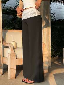 SHEIN EZwear Women's Contrast Color Contrast Lace Straight Loose Pants - Black and White - View 8