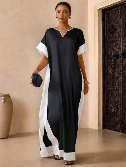 Vesra Women's Contrast Color V-Neck Short Sleeve Casual Loose Long Dress