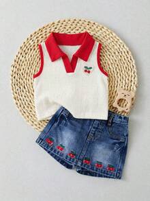 SHEIN Playful Pals 2件組女嬰夏季可愛度假針織 Polo 領拼接撞色櫻桃刺繡上衣與牛仔裙褲 - 彩色 - 查看 3