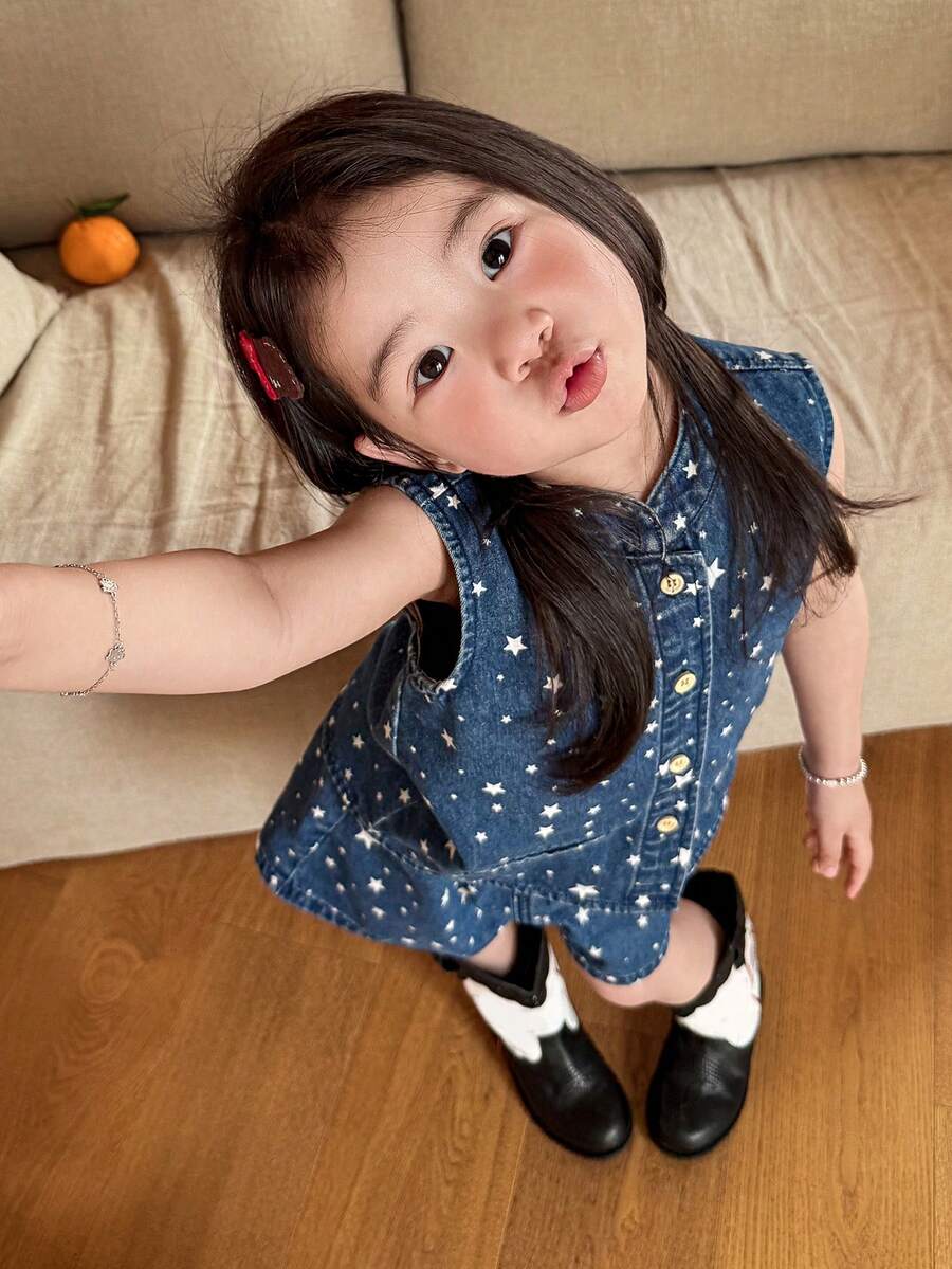 DAZY 女童五角星图案单排扣背心和牛仔短裤套装 - 藍色 - 查看 1