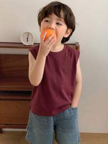 Hapijoa 男童简约印花圆领无袖T恤，适合度假夏季穿着 - 酒紅色 - 查看 2