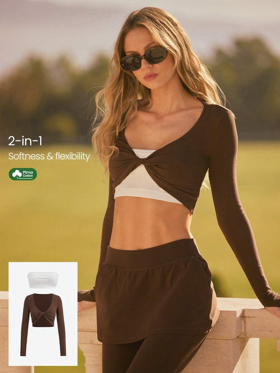 GLOWMODE Everyday Terry Tiny Twist Soft Breathable Sweat-Wicking Crop Length Built-In Coverage Thumbholes Contrasting Design Front Twist 2-Piece Set Yoga Pilates Studio Daily Active Wear - Brown - View 1