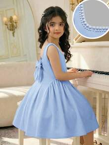 SHEIN Tween Girls' Elegant Beaded U-Neck A-Line Patchwork Dress With Ruffle Hem, Bowknot Back In Light Blue - Baby Blue - View 6