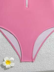 SHEIN Teen GirlGirls One-Piece Fashionable Swimsuit With Black Bow, Beach Party Swimming Costume Bathing Suits For Teens Modest Modest Swim Suits Swimming Suits For Teens Zipper Swimsuit Long Sleeve Swimsuit Womens Swimwear Swimming Suit For Girls Adult Pink Swimsuit One Piece Bathing Suit One Piece Swimsuit For Teens Long Sleeve Swimsuit For Girls Womens Swimwear Long Sleeve Womens Summer Outfits - Pink - View 5