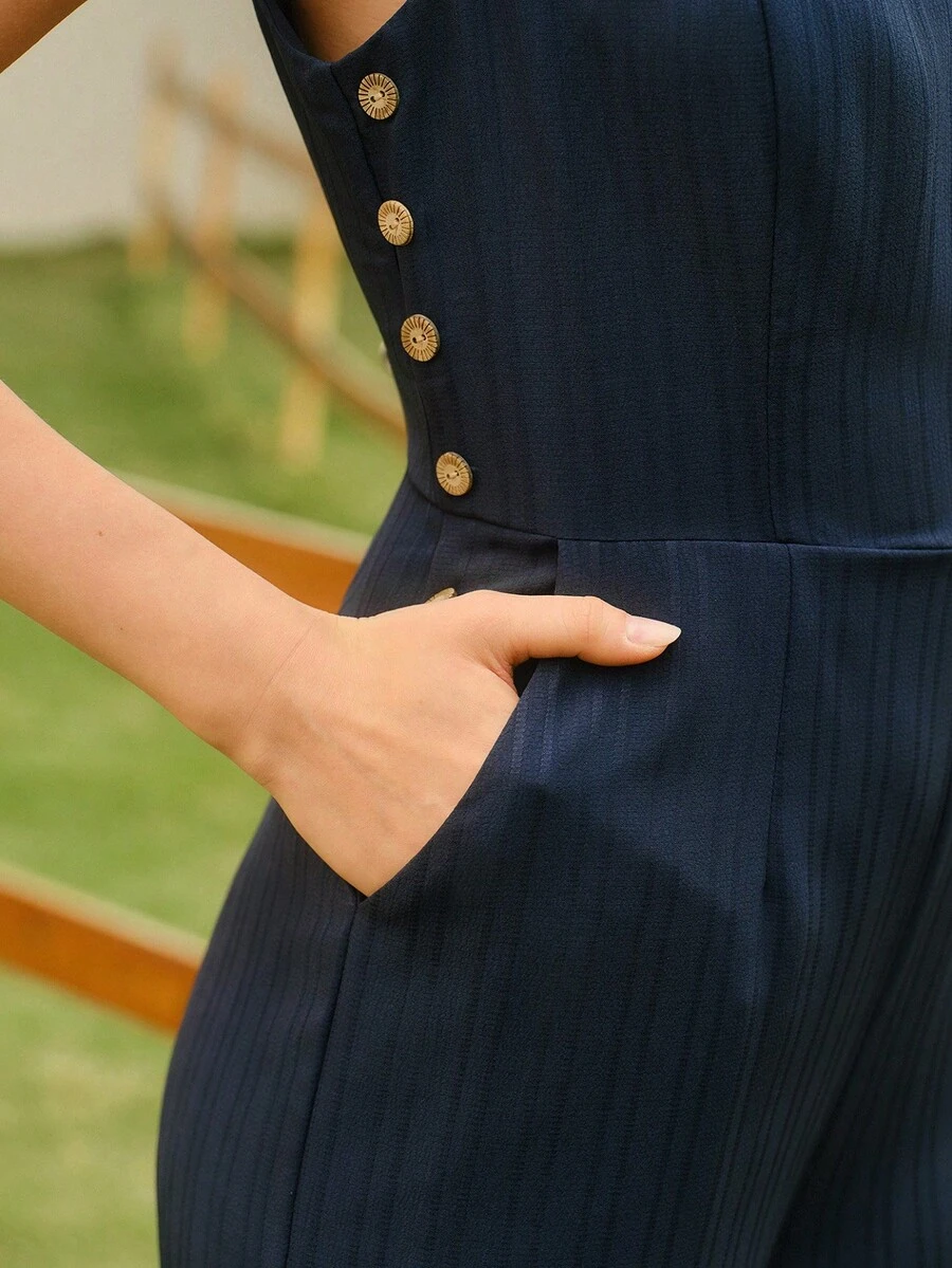Vintamour 優雅女款海軍藍連身褲,復古紋理條紋方領直筒褲,附口袋與鈕扣,夏季度假休閒穿搭 - 藏蓝色 - 查看 1
