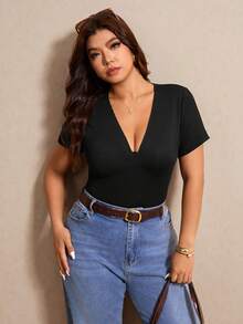 Elaquor Plus Size Women Summer Casual Solid Color Short Sleeve Top Spring/Summer Black Top V Neck Blouse For Elegant Women - Black - View 5