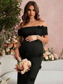 SHEIN Maternity Solid Color Off-Shoulder Fitted Fashionable Summer Dress - Black - View 7