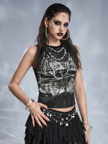 ROMWE Grunge Punk Top corto ajustado de estilo punk con cadena y red de pesca rasgada para mujeres - Negro - Ver 4