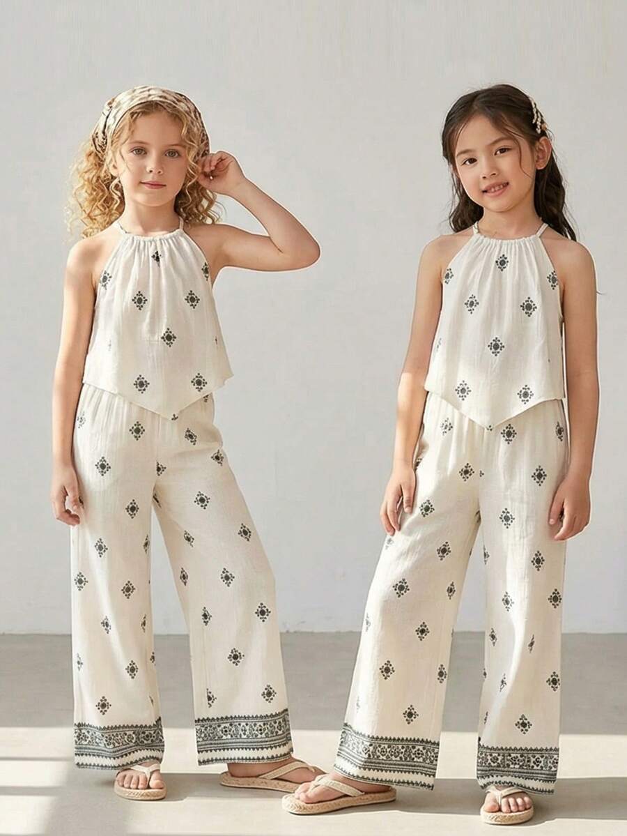 SHEIN Tween Girls' Vacation Casual Woven Halter Top And Wide Leg Pants Set - Apricot - View 1