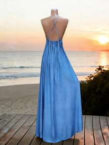 Lunelith SHEIN Lunessa Đầm nữ hở lưng, dây chéo, dáng rộng - Màu xanh lam - Xem 2