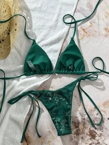 Swim Mod 两件式泳衣，纯色亮片纹理挂脖式文胸上衣和侧系带泳裤性感比基尼套装，春夏海滩度假 - 綠色 - 查看 2