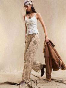 Easelle Celana Panjang Wanita Model Lurus Longgar dengan Motif Bohemian Berhiaskan Manik-Manik, Warna Aprikot, Musim Panas - Aprikot - View 3