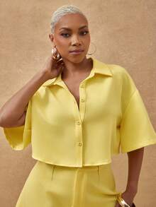 Vixey Yellow Pointed Collar Boxy Cropped Button Up Shirt - Yellow - View 1
