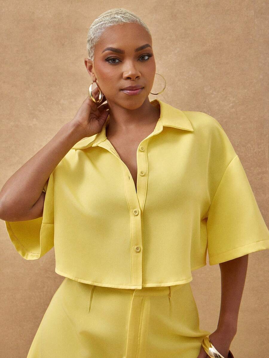Vixey Yellow Pointed Collar Boxy Cropped Button Up Shirt - Yellow - View 1