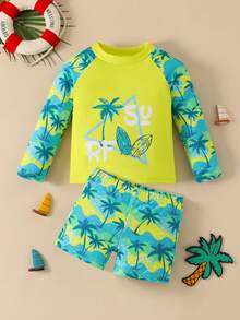 Bộ đồ bơi 2 mảnh in họa tiết phong cách nhiệt đới cho bé trai - Áo ngắn tay + Quần short, thích hợp cho kỳ nghỉ và vui chơi ở hồ bơi. Áo chống nắng cho bé trai màu neon. Bộ đồ bơi dài tay cho bé trai đi biển. Áo chống nắng cho bé trai mùa hè, kỳ nghỉ giữ ấm, lễ hội Giáng sinh, năm mới, lễ tình nhân. - Nhiều màu - Xem 7