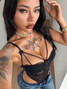 Coolane Women's Summer Festival Club Outfits Sexy Y2K Music Festival Lace Black Slim Fit Bodysuit - Black - View 2