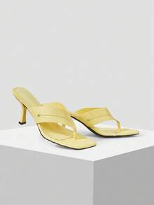 Mnmlis Women's Chic Lemon Yellow Thong Mules With Kitten Heel Open Toe Design Summer Shoes - Yellow - View 5