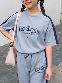 青少年女孩寬鬆休閒極簡舒適圓領套頭拼色T恤與長褲套裝 - 藍色 - 查看 2